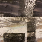 "Vague Word #2" (detail 1); Silver gelatin photographic chemigrams, thread, nails; 25" x 58" x 1"; 2018