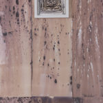 “Obstruophobia” (detail 2); Silver gelatin photographic chemigrams, wood, thread; 74" tall, 19.5" wide on wall, 30" deep, 36" wide on floor; 2021
