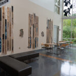 “Coddiwomple"; Silver gelatin photographic chemigrams, lumens, cyanolumens, thread; installed in the Lykes Atrium of the Staniar Gallery, Washington & Lee University, Lexington, VA; 4" x 400’ (dimensions variable); 2024